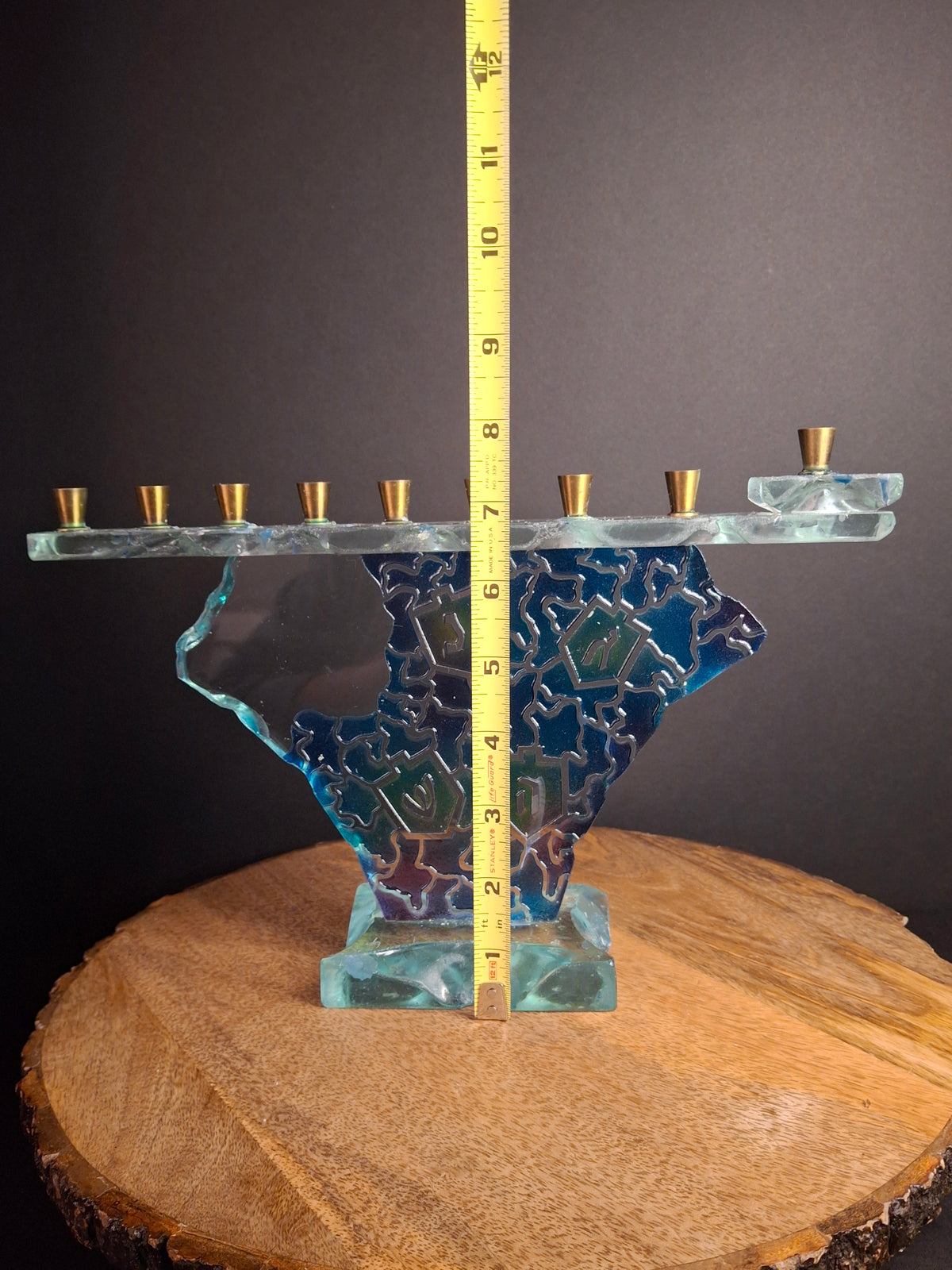 Signed Uda Yehuda Parmat Studio Art Glass Menorah Iridescent Fused Dreidel Judaica