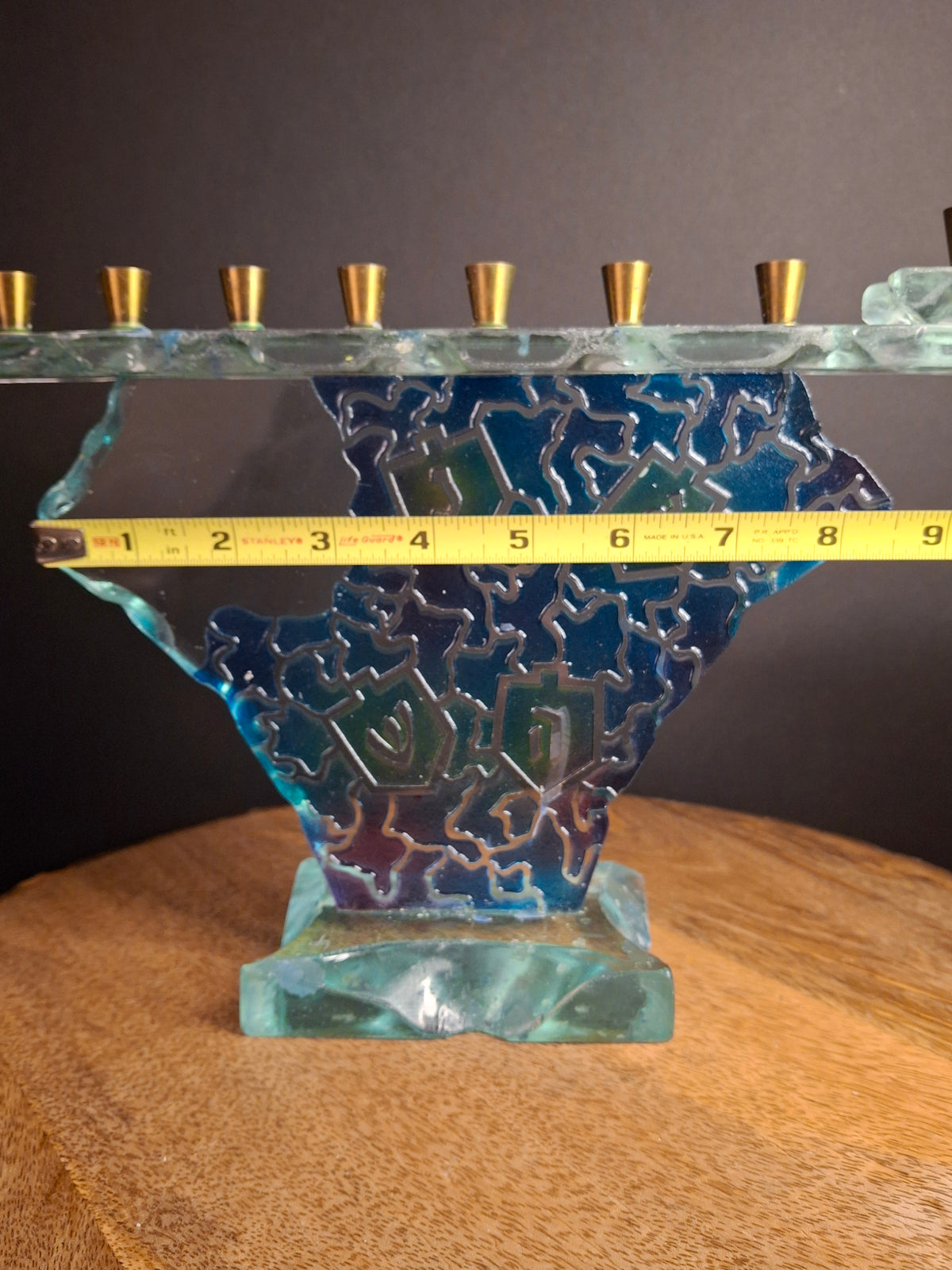 Signed Uda Yehuda Parmat Studio Art Glass Menorah Iridescent Fused Dreidel Judaica
