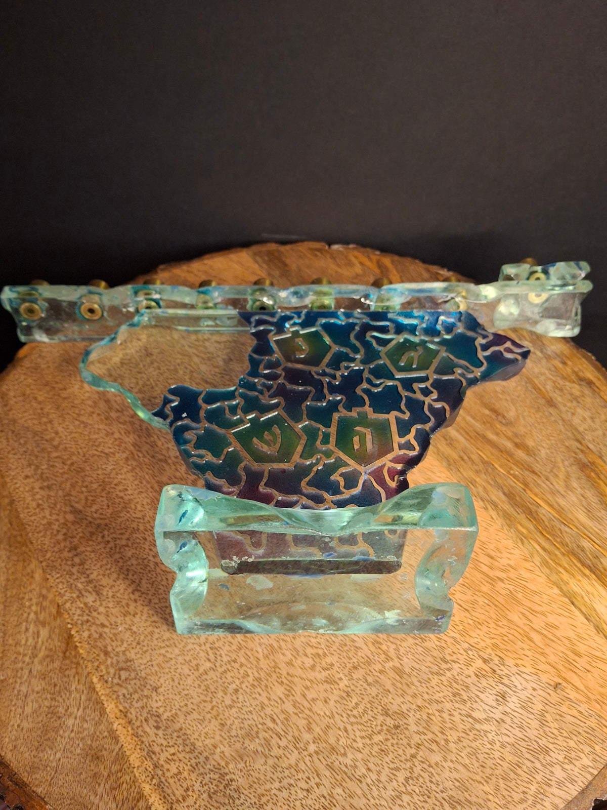 Signed Uda Yehuda Parmat Studio Art Glass Menorah Iridescent Fused Dreidel Judaica
