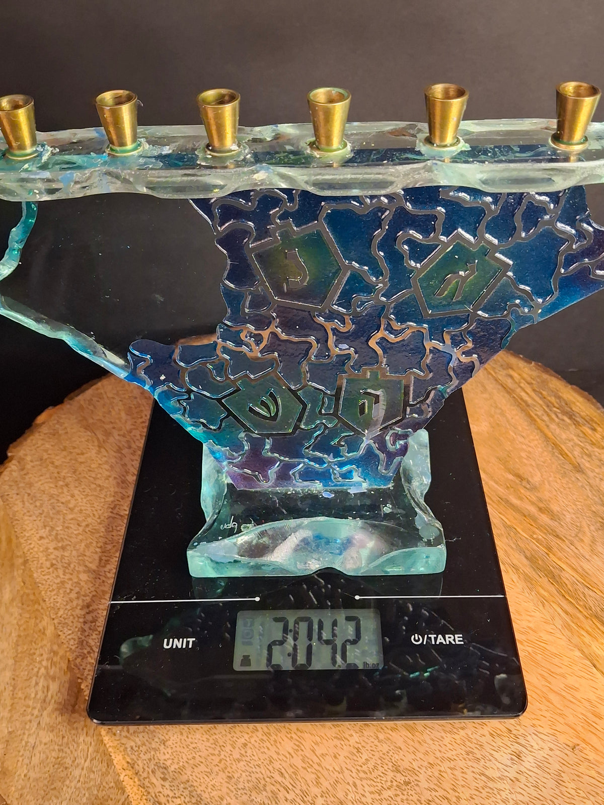 Signed Uda Yehuda Parmat Studio Art Glass Menorah Iridescent Fused Dreidel Judaica