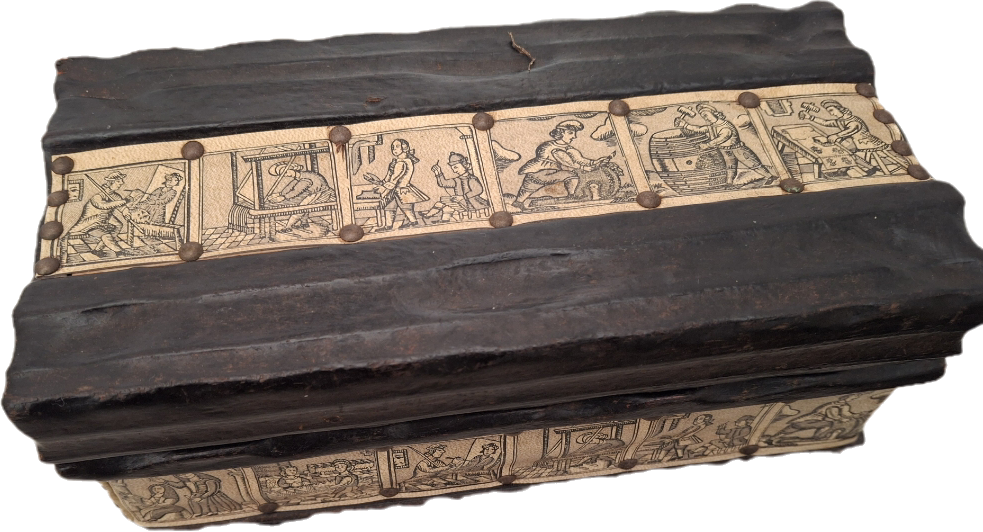 Antique 19th Century European Wooden Document Box with Engraved Leather Panels Depicting Daily Life Scenes - Folk Art Storage Chest