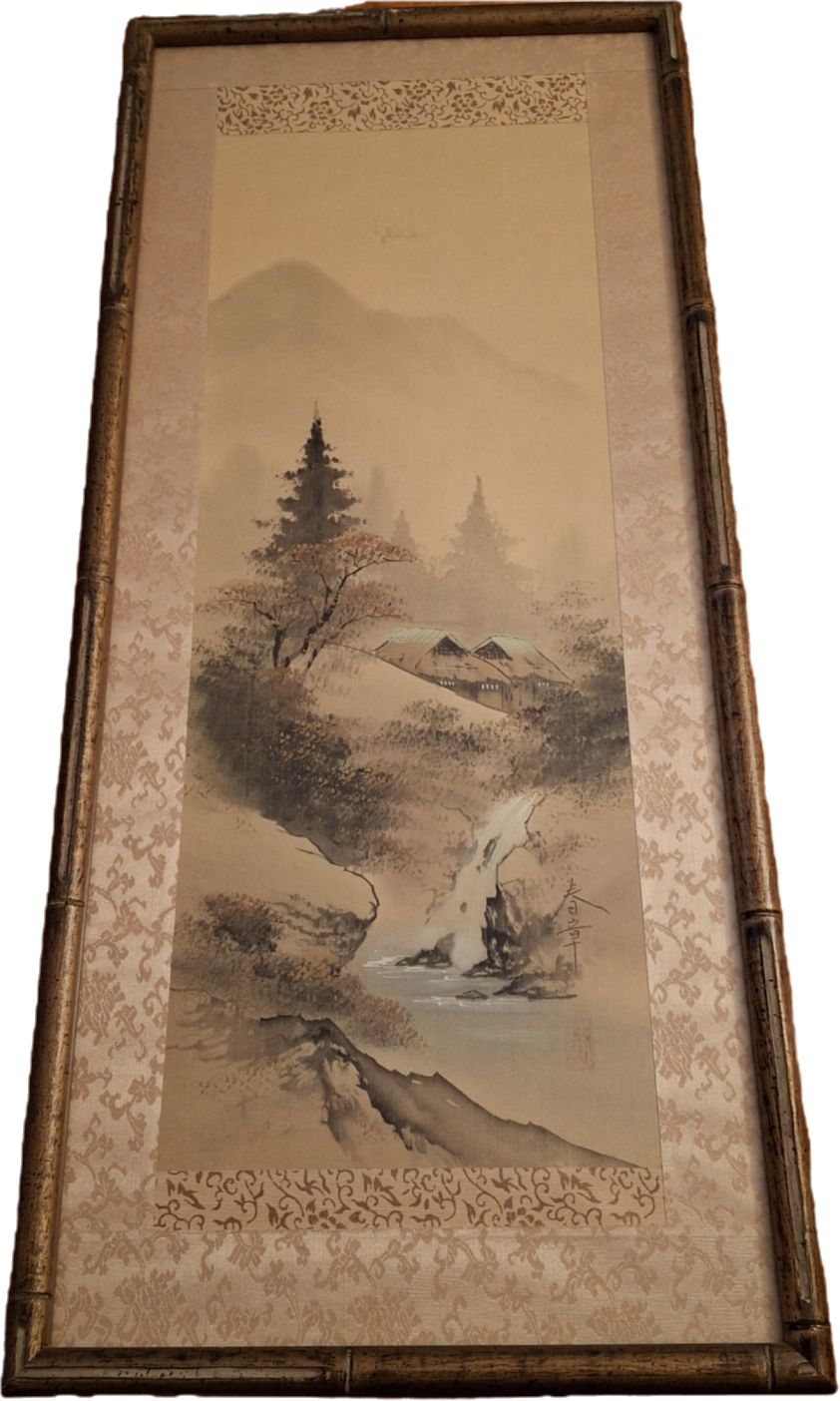 Complete Set of 4 Framed Japanese Sumi-e paintings; Spring, Summer, Winter, Autumn Landscapes, early 20th c.