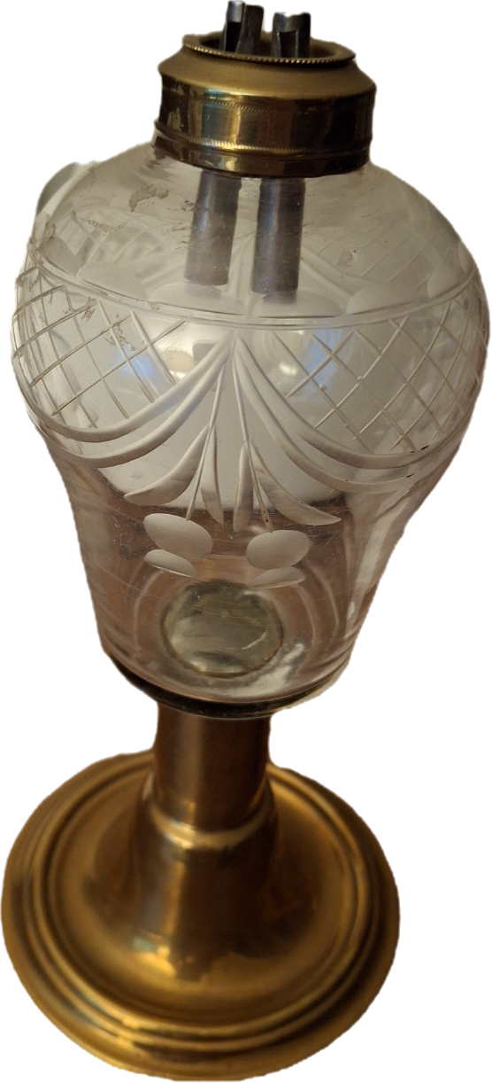 Antique Mid-19th Century Brass & Etched Glass Double Burner Whale Oil Lamp with Bronze Base - 1850s-1870s