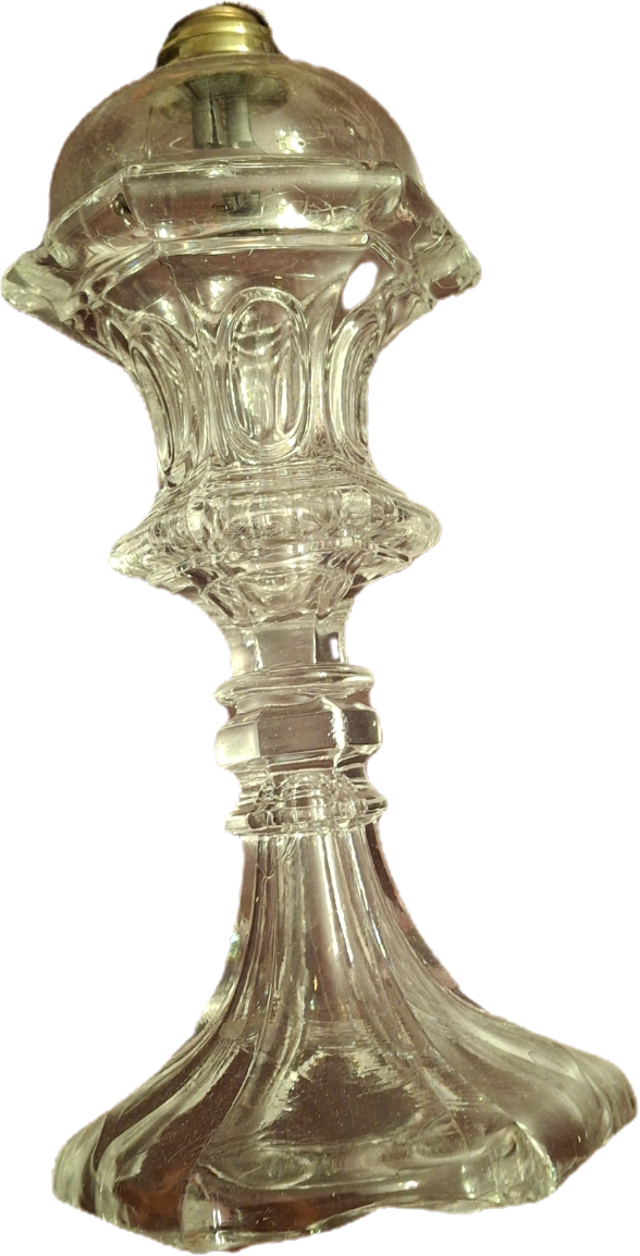 Antique 1840s Tall Sandwich Glass Double Whale Oil Burner Lamp - Clear Blown Font, Brass Fittings, Minor Base Chip - American Primitive Lighting