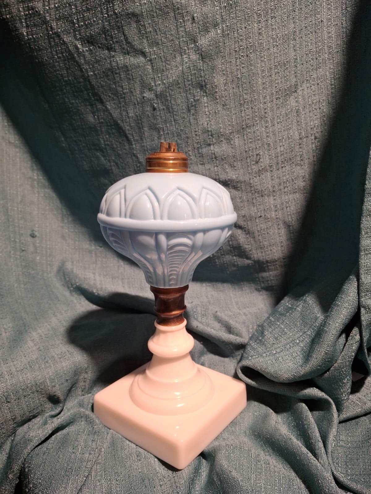 Antique 1850s Boston Sandwich Blue & Alabaster Whale Oil Lamp Paneled Arches