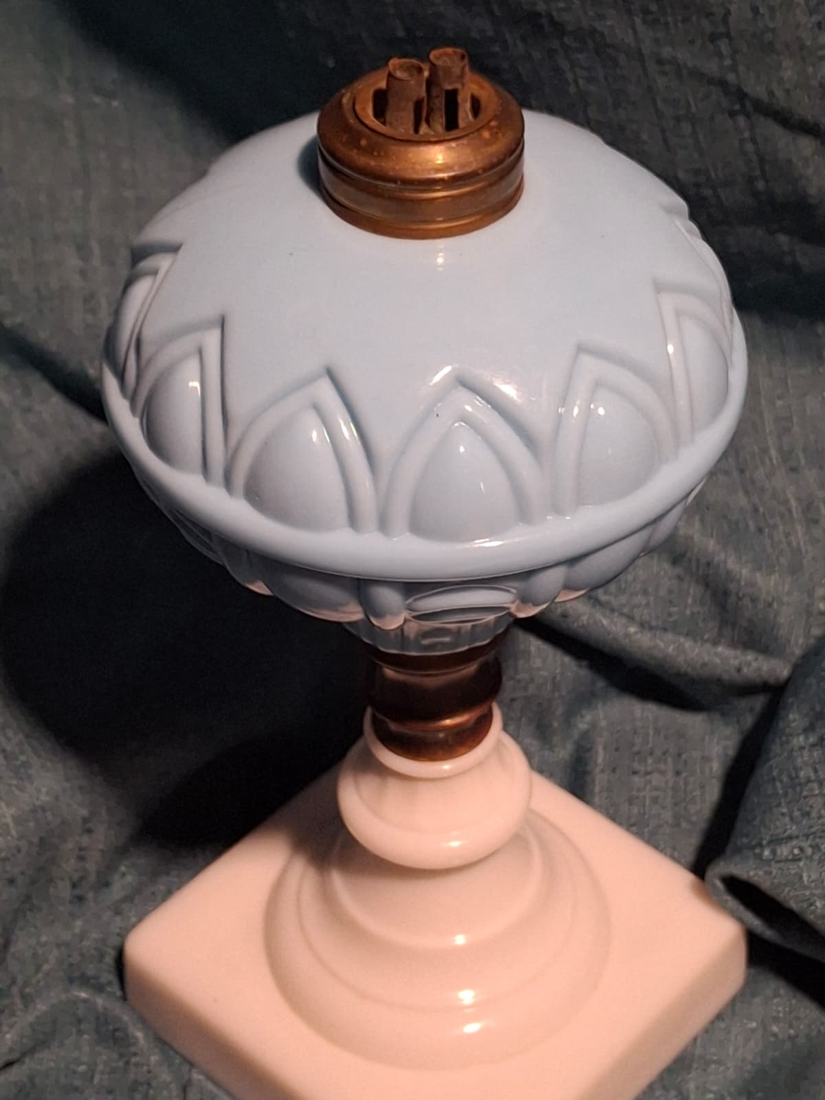 Antique 1850s Boston Sandwich Blue & Alabaster Whale Oil Lamp Paneled Arches