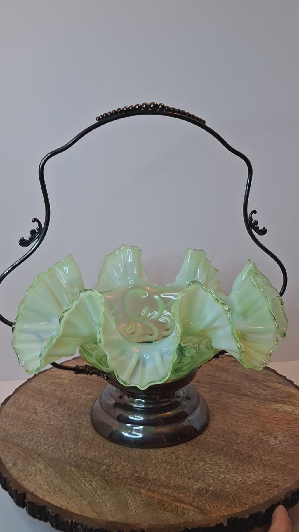 Antique Green Opalescent Jefferson Glass Buttons & Braids Bride's Basket Warren Silver Plate Stand 526 c. 1903