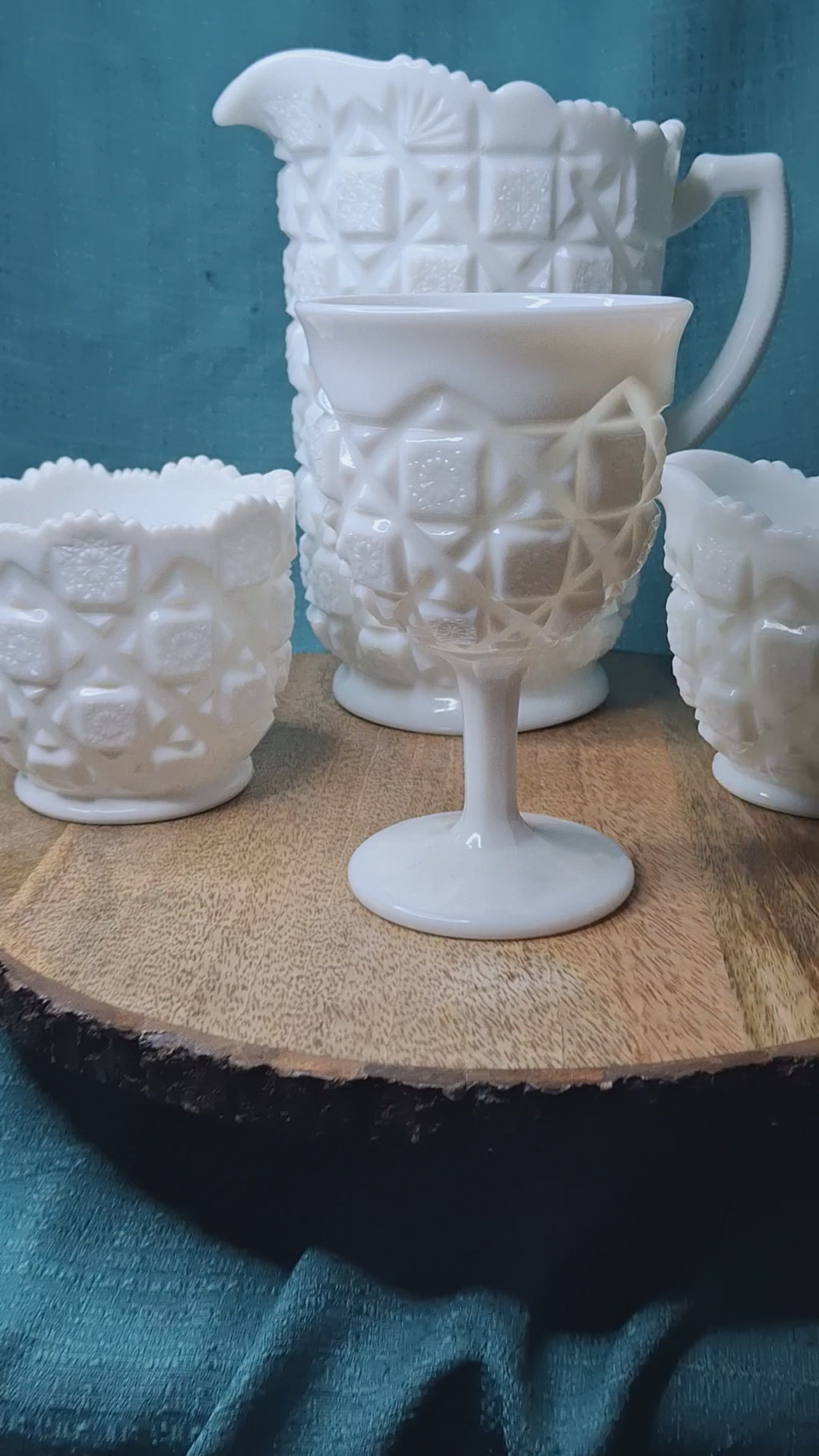 Vintage Westmoreland Milk Glass English Hobnail 4-Pc Set - Pitcher Goblet Creamer Sugar - AKA Old Quilt Pattern