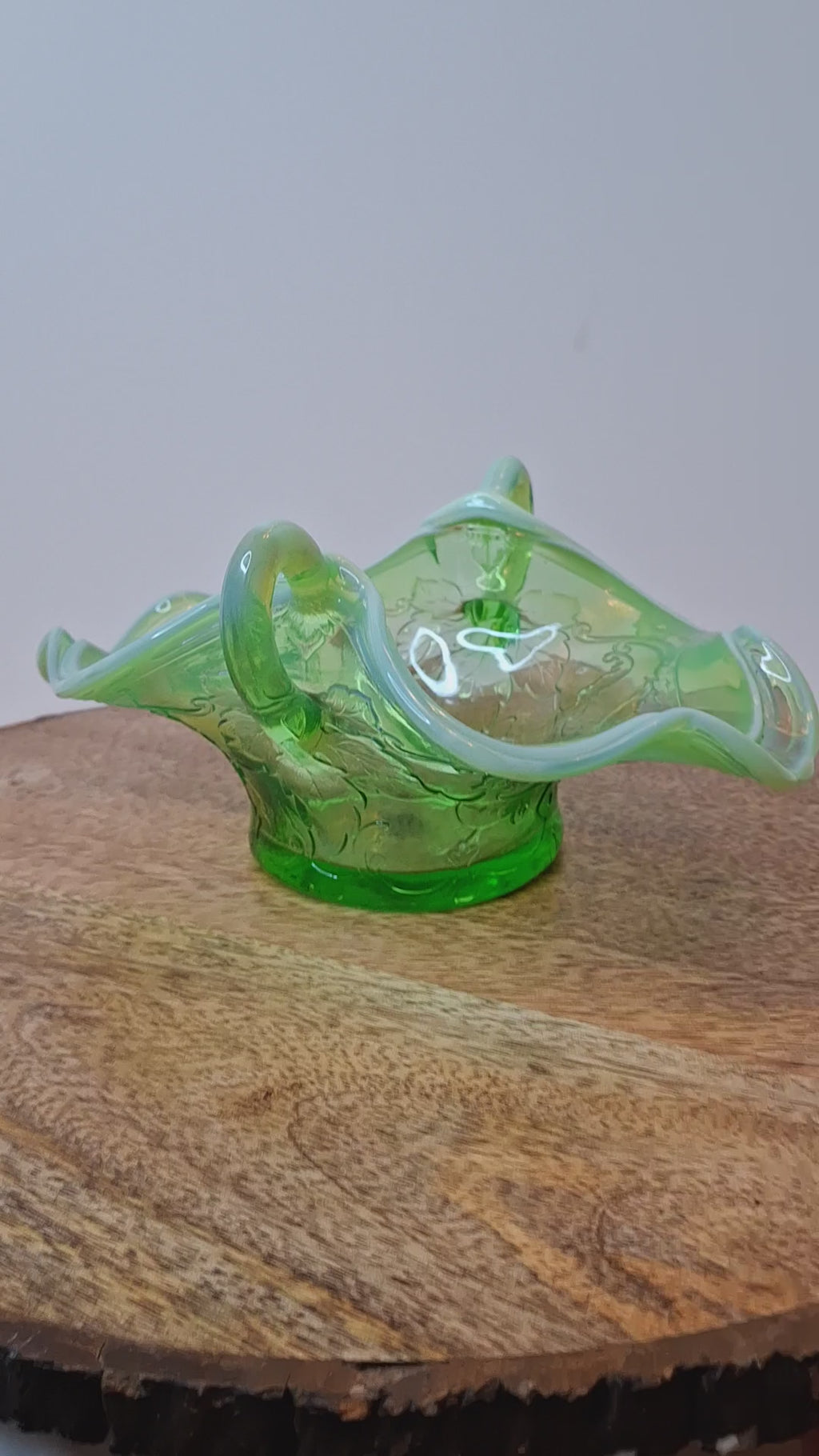Vintage L.G. Wright Green Opalescent Maple Leaf Glass Sugar Bowl - Northwood Pattern D Hallmark