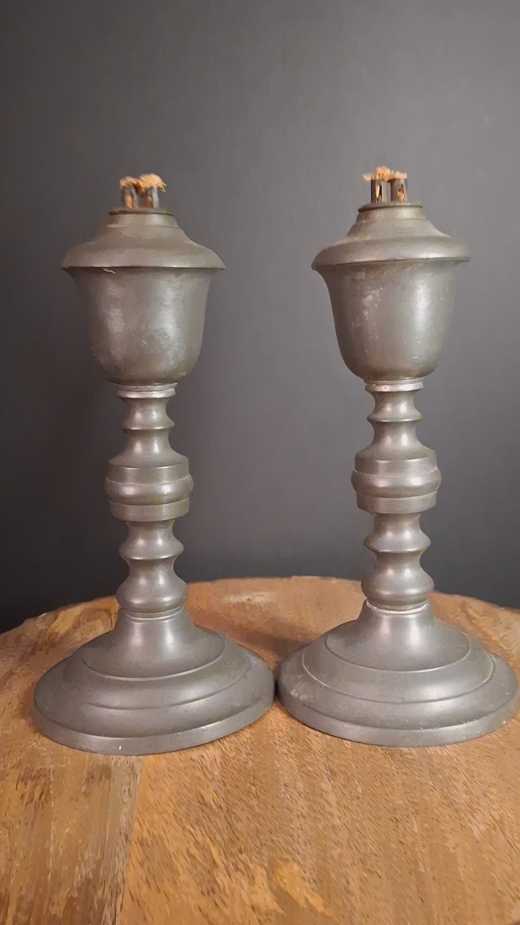 Pair Antique 1840s Freeman Porter Pewter Whale Oil Lamps Westbrook Maine No. 1