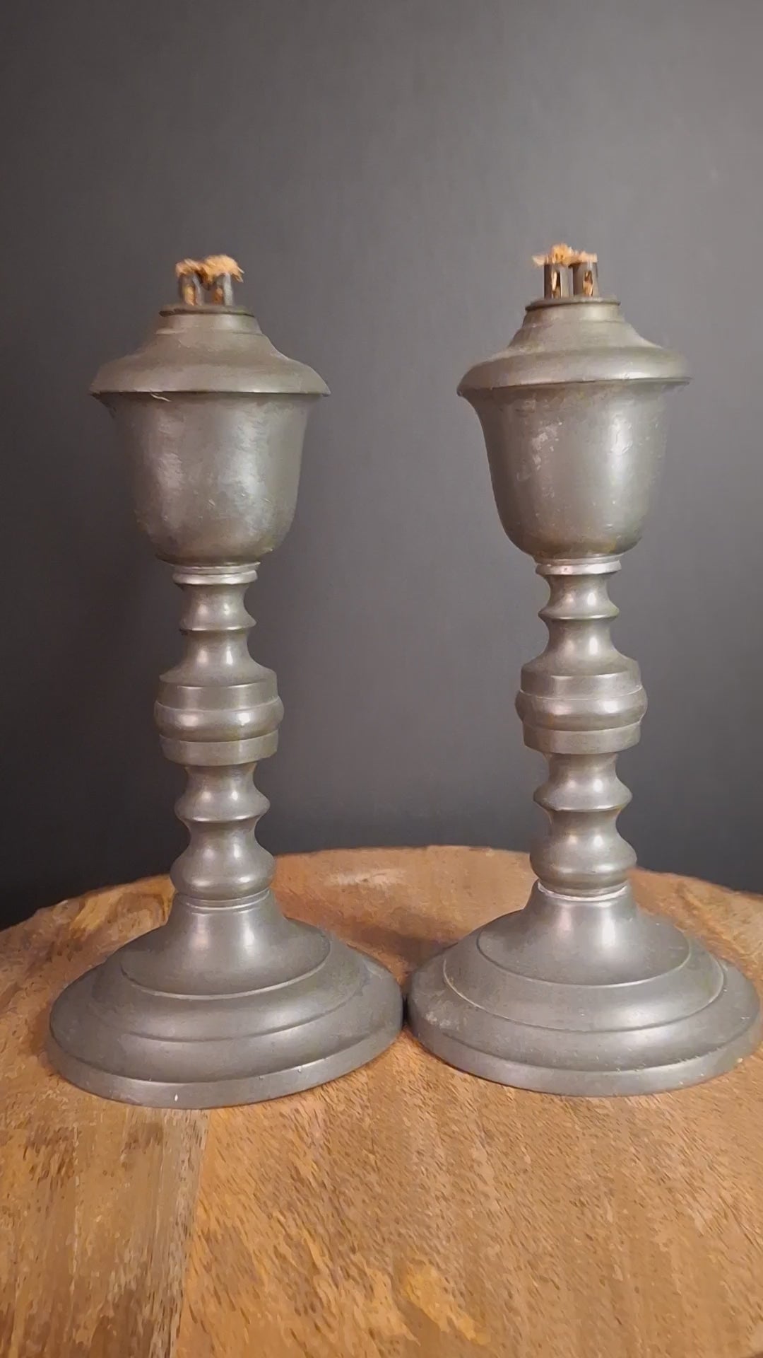 Pair Antique 1840s Freeman Porter Pewter Whale Oil Lamps Westbrook Maine No. 1