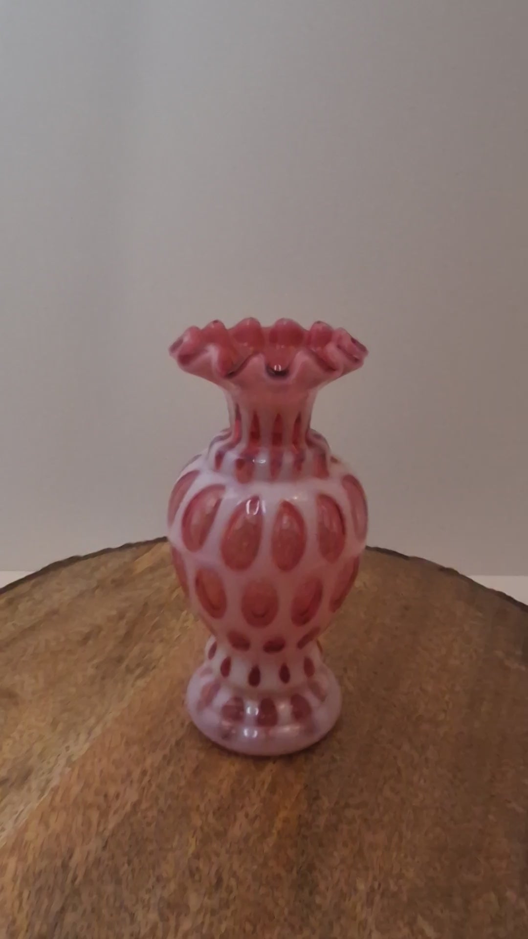 Victorian Cranberry Opalescent Coin Spot Vase Northwood Glass 6" Ruffled Rim Antique EAPG