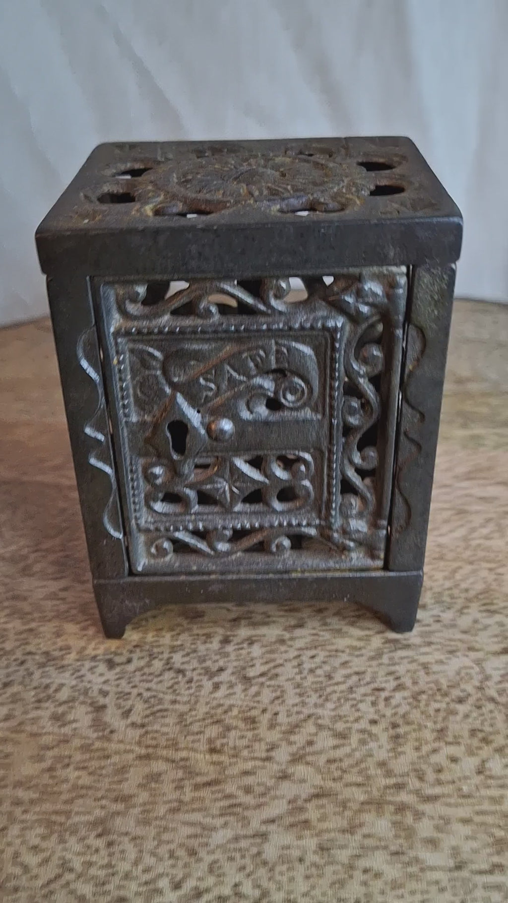 Antique J. & E. Stevens Cast Iron Safe Bank Pat June 2 1896 Ornate Still Bank