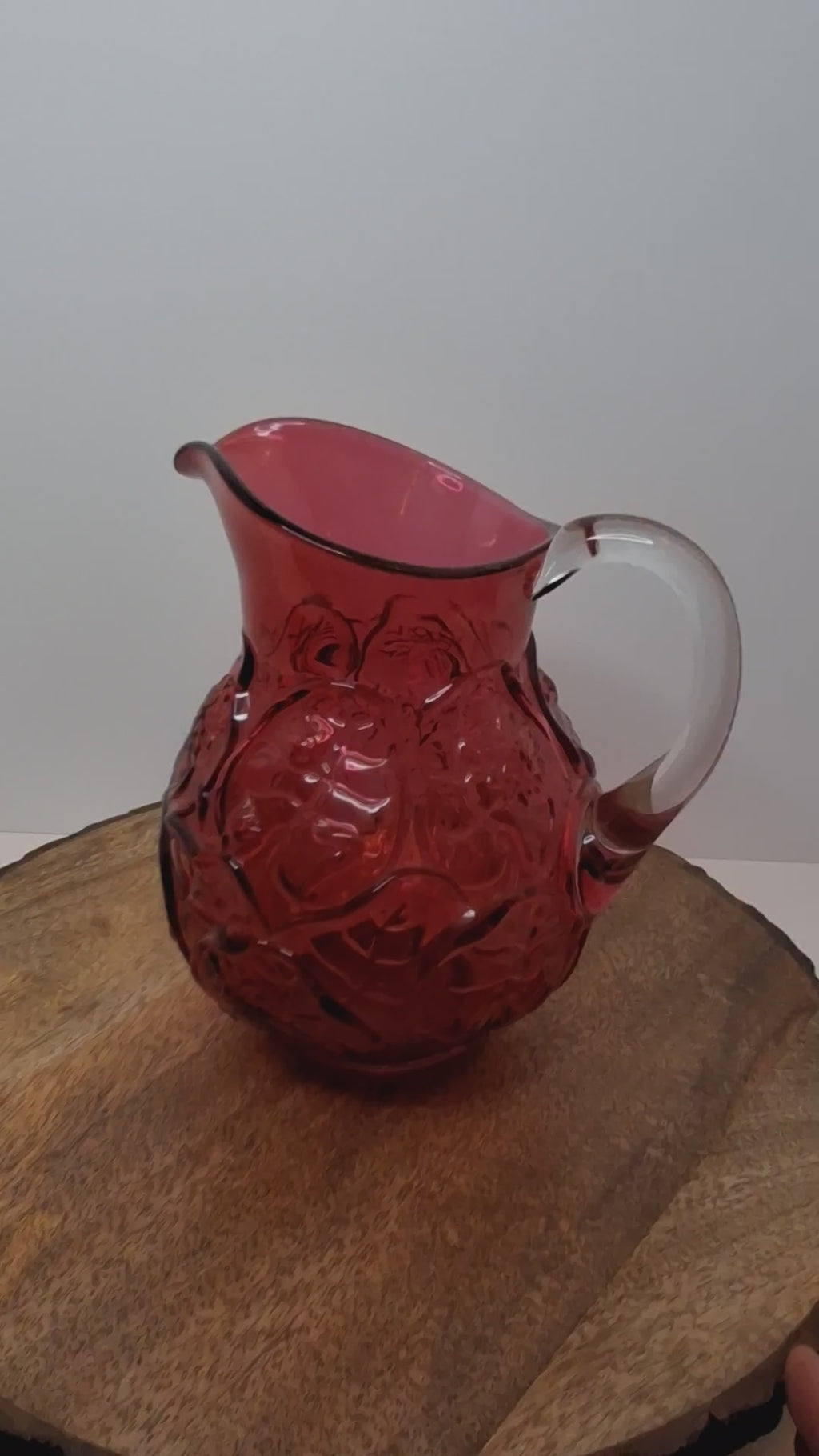 Large Vintage Fenton Cranberry Glass Pitcher with Raised Roses & Applied Clear Handle