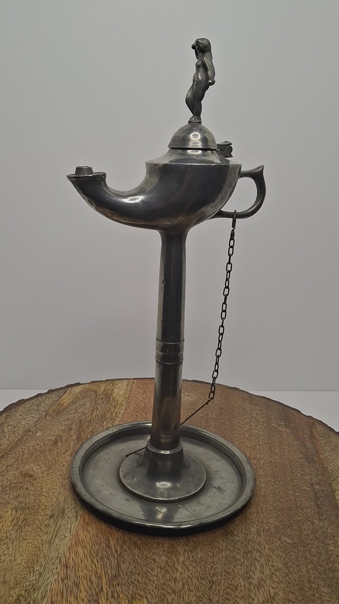 Lot of 2 - Antique 19th Century Pewter Whale Oil Fat Lamps with Figurine, Wick Pick - European