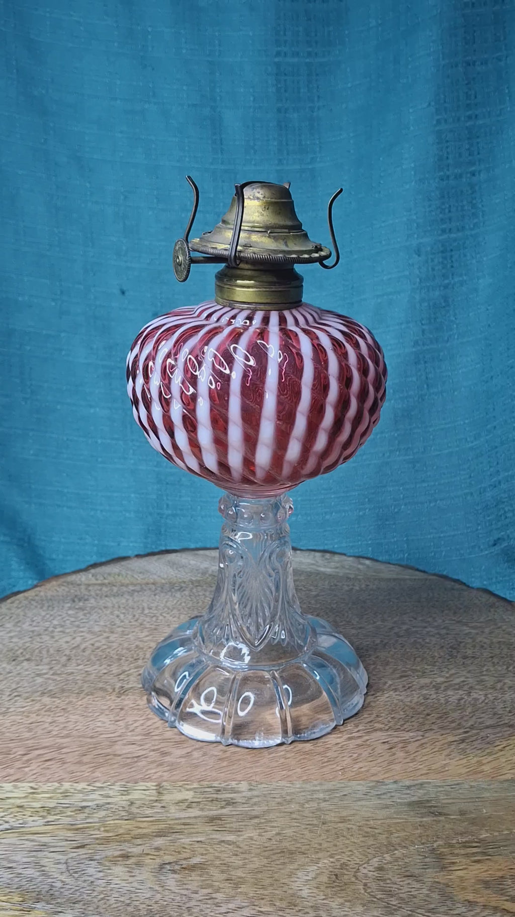 RARE Antique Cranberry Opalescent Sheldon Reverse Swirl Oil Lamp | Princess Feather Uranium Base | 1880s Victorian Glow Glass | P&A Eagle Burner