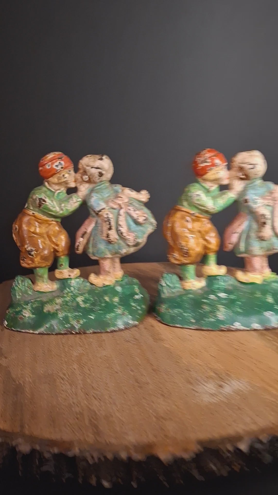 Antique Hubley 332 Cast Iron Kissing Dutch Kids Bookends Pair Original Paint 1920s