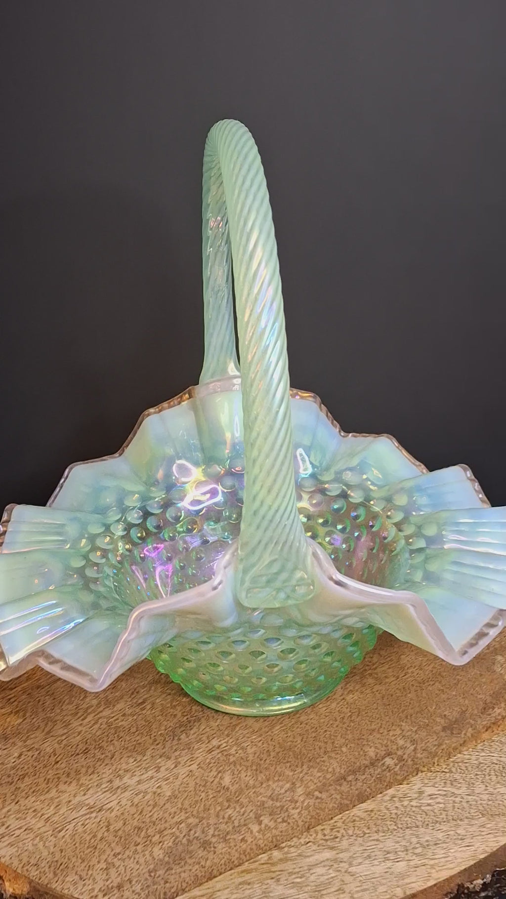 Vintage Fenton Green Opalescent Carnival Hobnail Glass Basket Ruffled Iridescent 10"