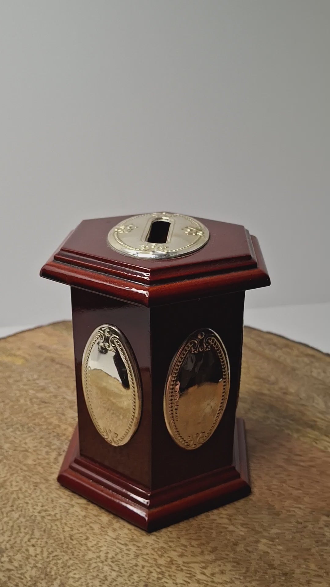 Modern Israeli Sterling Silver (925) & Mahogany Hexagonal Tzedakah Box - Engraved Plaques, Plastic Coin Stopper Judaica