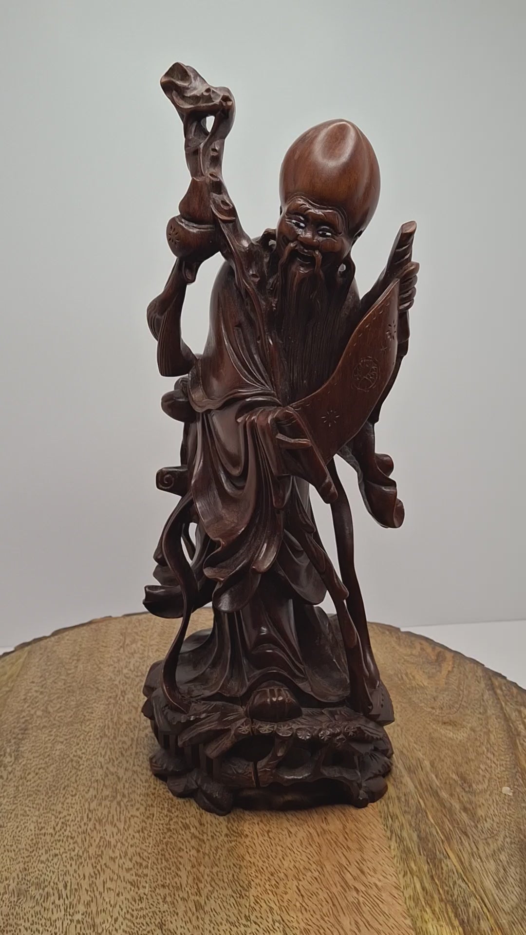 Vintage Mid-20th C Chinese Hand-Carved Hardwood Shou Lao Longevity Statue