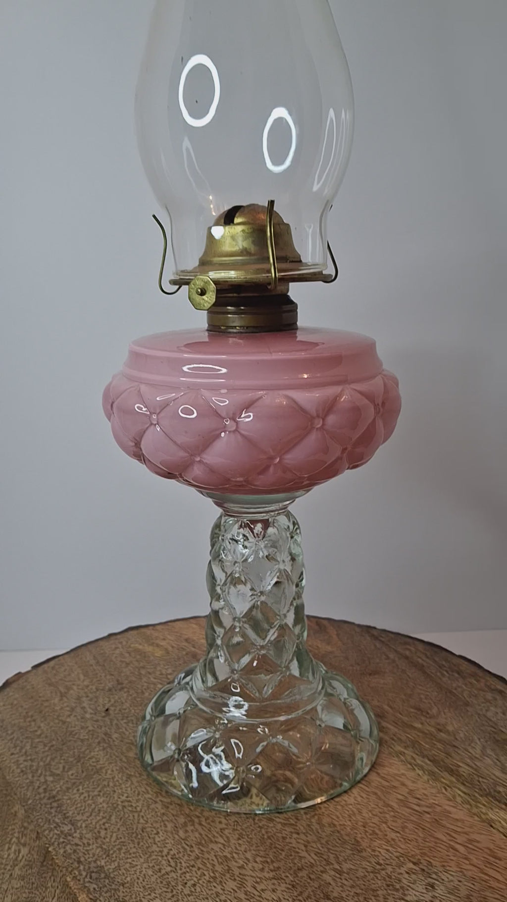 RARE PAIR Antique Consolidated Pink & Blue Cased Glass Florette Stand Lamps P&A