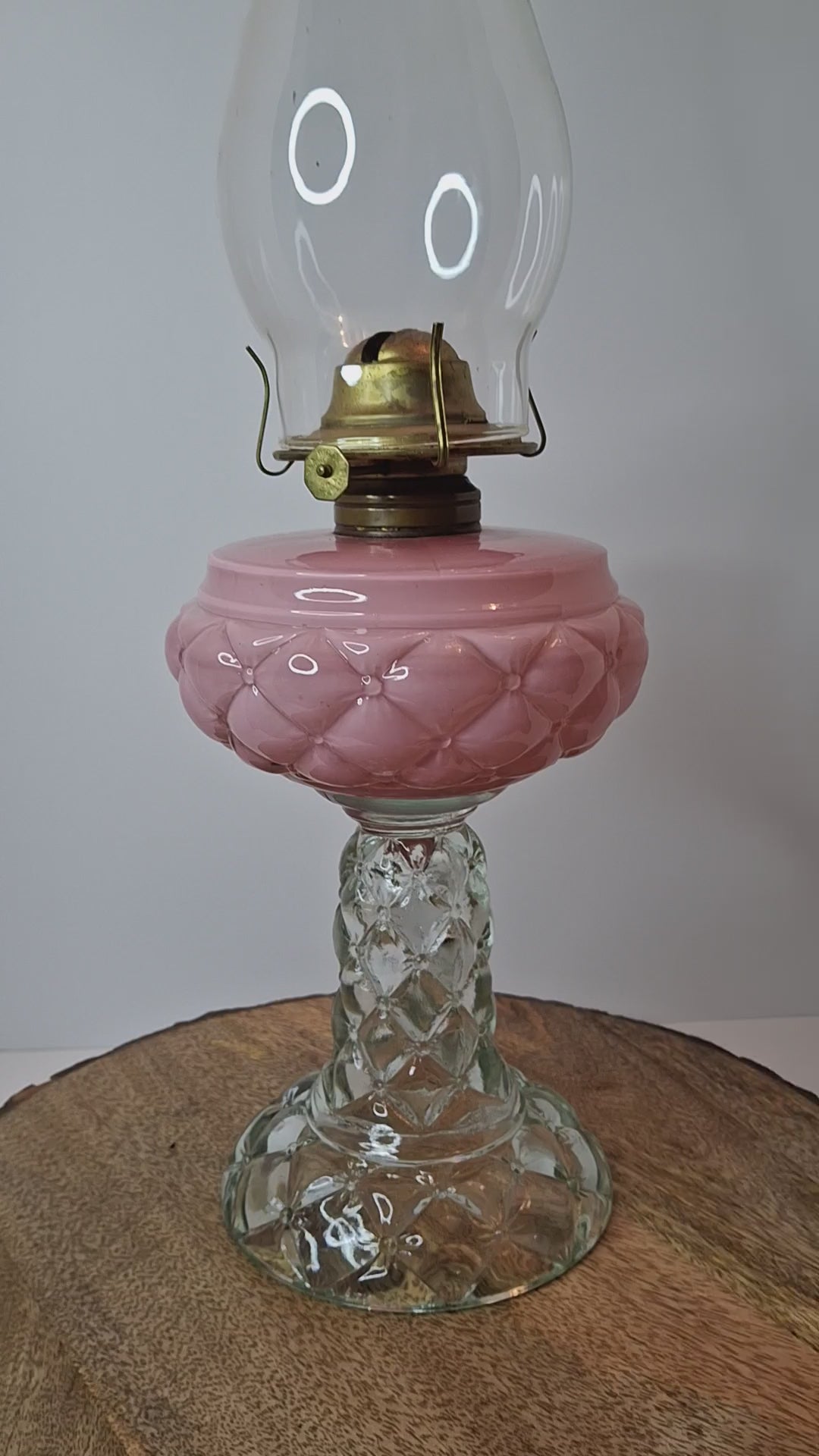 RARE PAIR Antique Consolidated Pink & Blue Cased Glass Florette Stand Lamps P&A