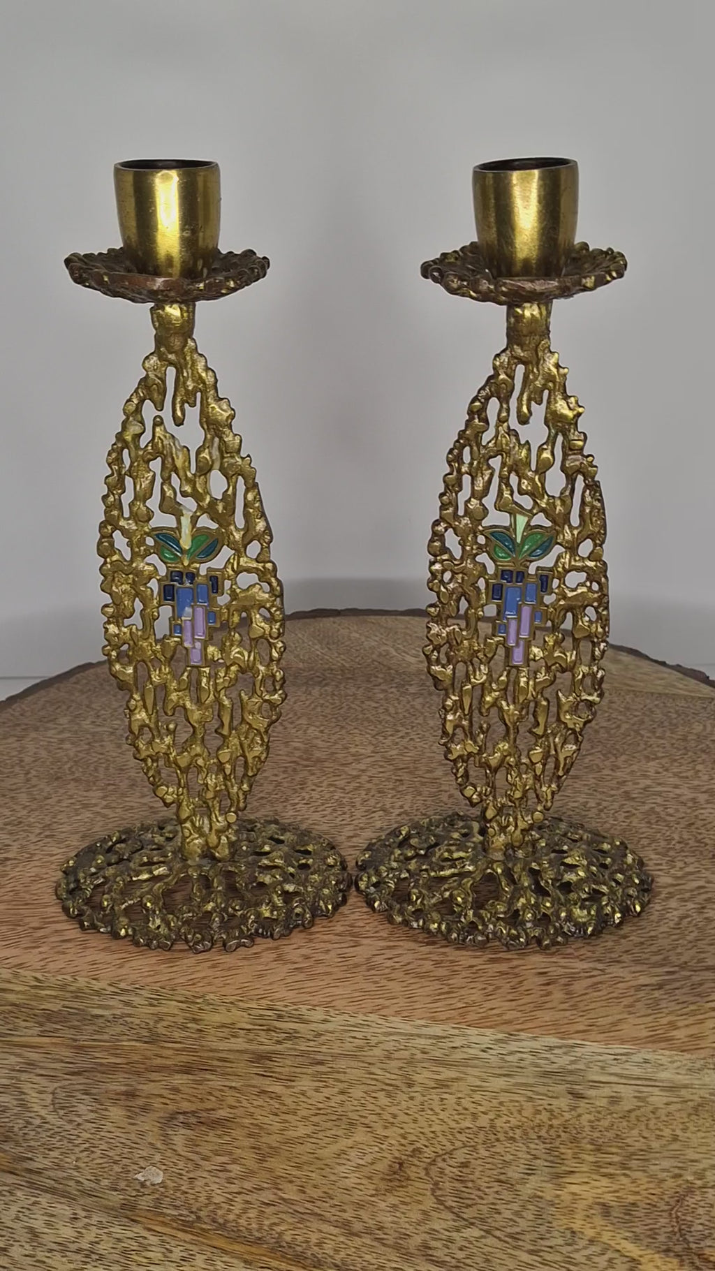 Vintage Pair Hen Holon Israeli Brass Shabbat Candlesticks with Blue Enamel Jerusalem Mosaic Inlay - Mid-Century Judaica