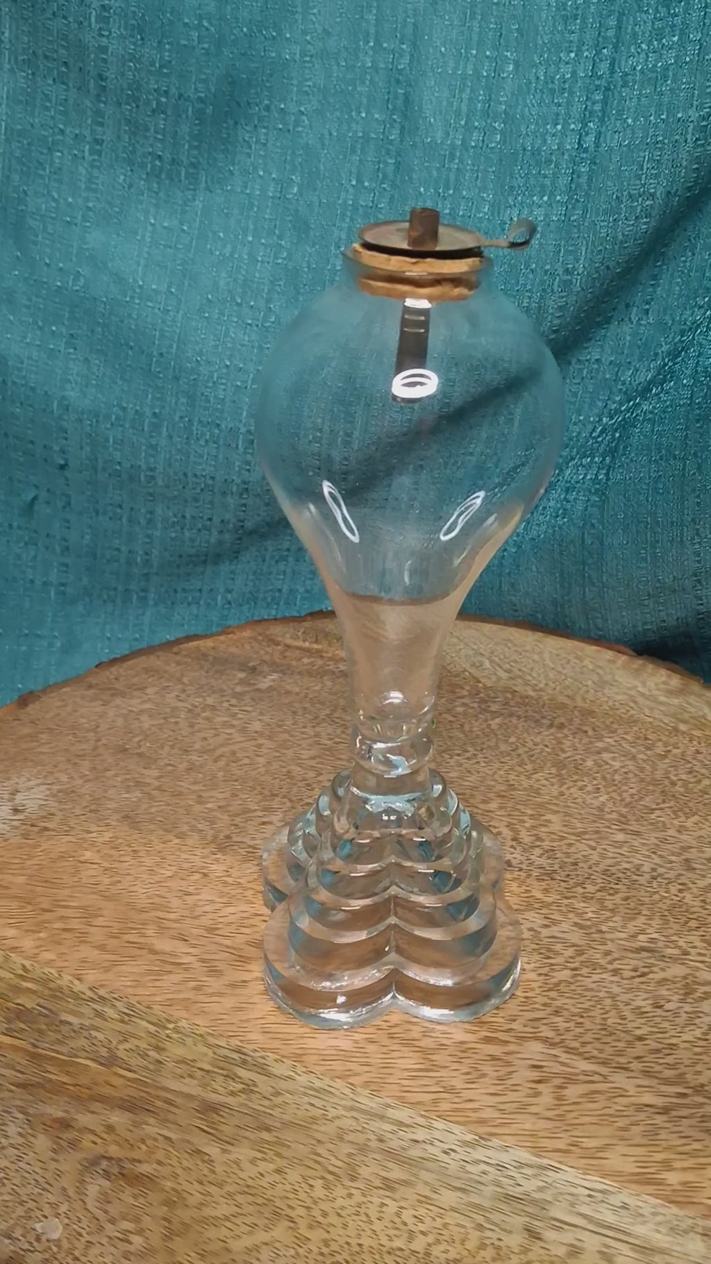 Antique 1820s American Blown Glass Whale Oil Lamp - Bulb-Shaped Font, Stepped Base, Single Tube Cork Burner - Early Sandwich Style