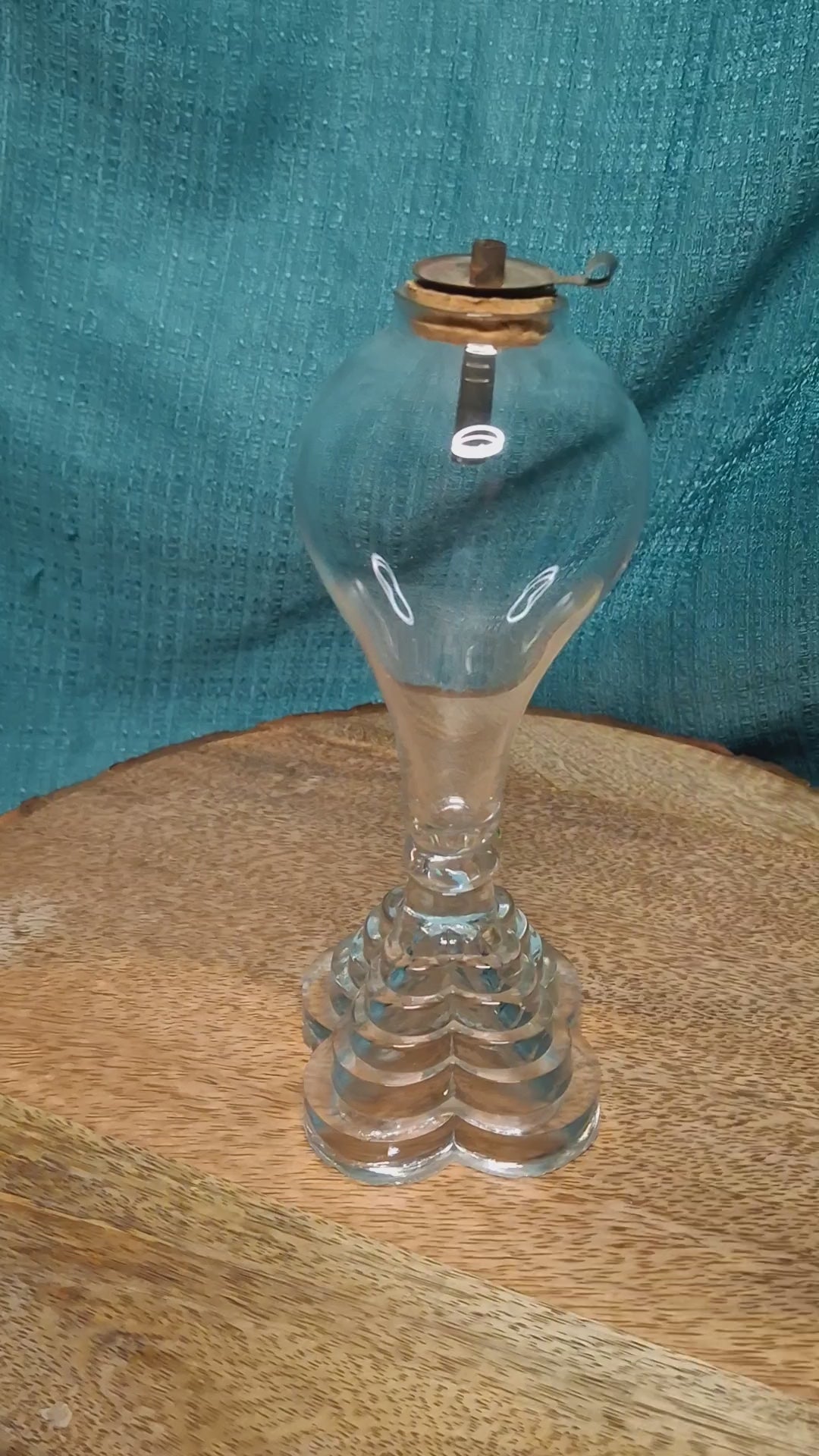 Antique 1820s American Blown Glass Whale Oil Lamp - Bulb-Shaped Font, Stepped Base, Single Tube Cork Burner - Early Sandwich Style