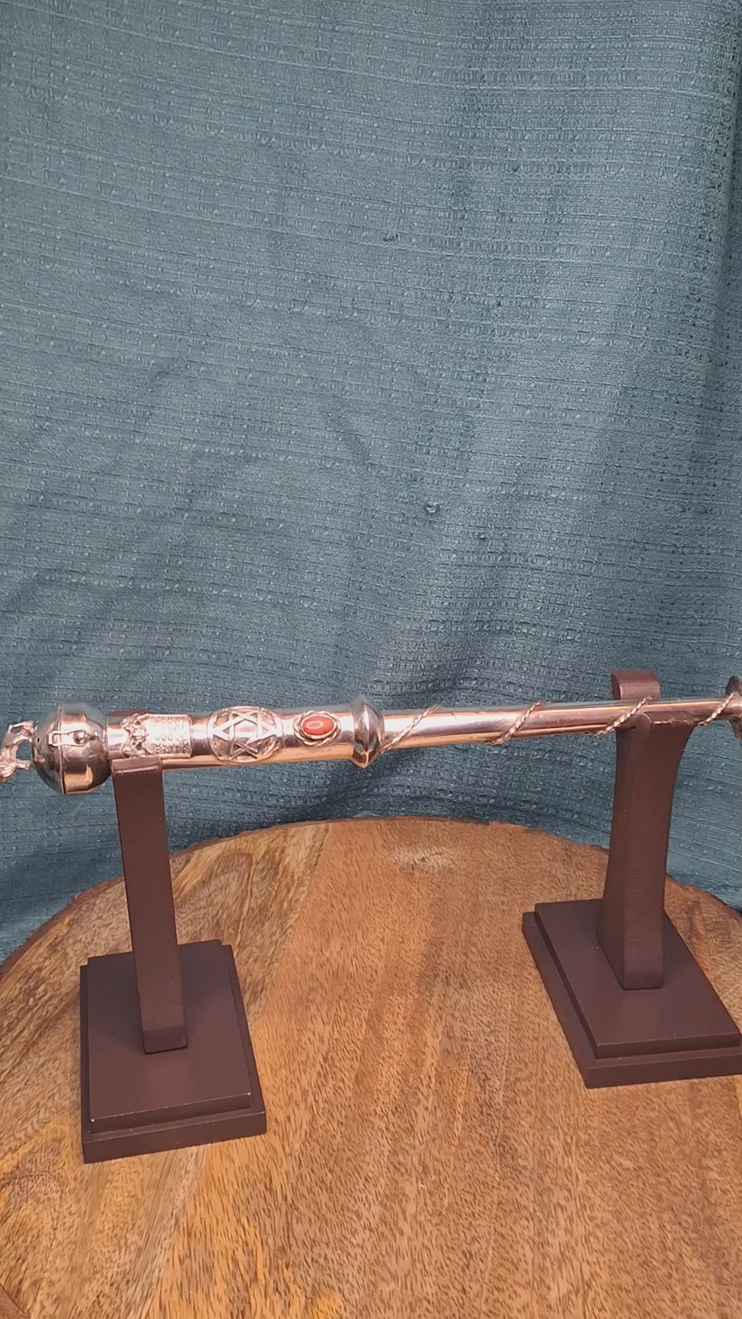 Museum Quality Antique Russian 84 Silver Judaica Torah Pointer Yad with Besamim Spice Holder, Lion Finial, Star of David, Ten Commandments, Red Stone, 1.9 oz, c. 1890