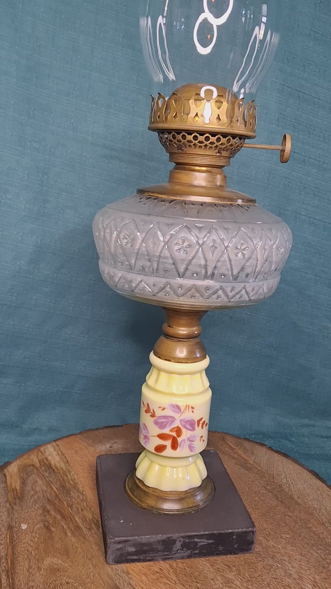 19th C. Edward Miller & Co. 'Solar' Central-Draft Kerosene Lamp Painted Floral