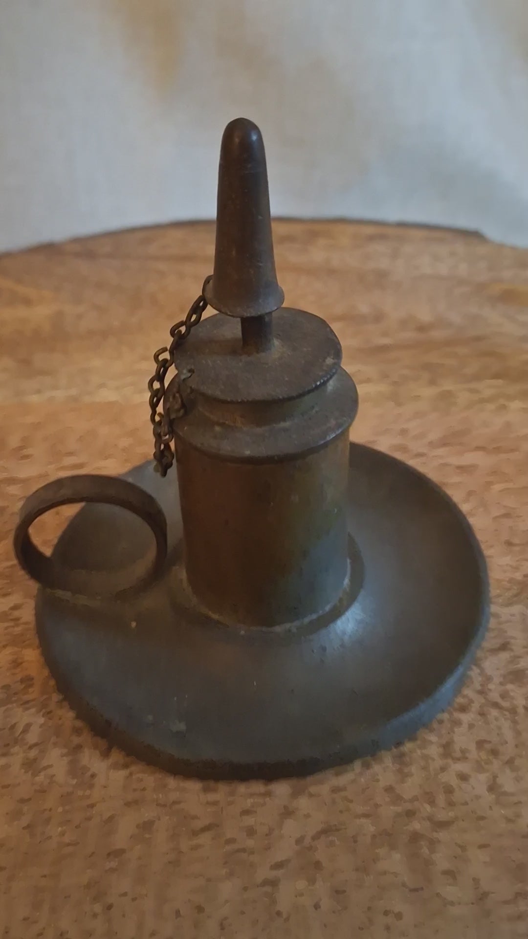 Antique Pewter Miniature Whale Oil Finger Lamp Snuffer Cap Chain Mold 33 c 1840