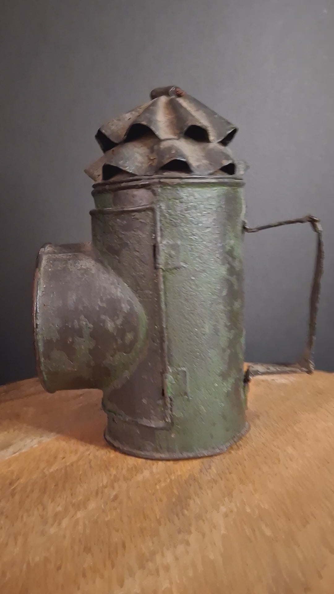 RARE Antique 19th Century Tin Bullseye Watchman Candle Lantern Crimped Green Paint Police Belt Lamp 7"