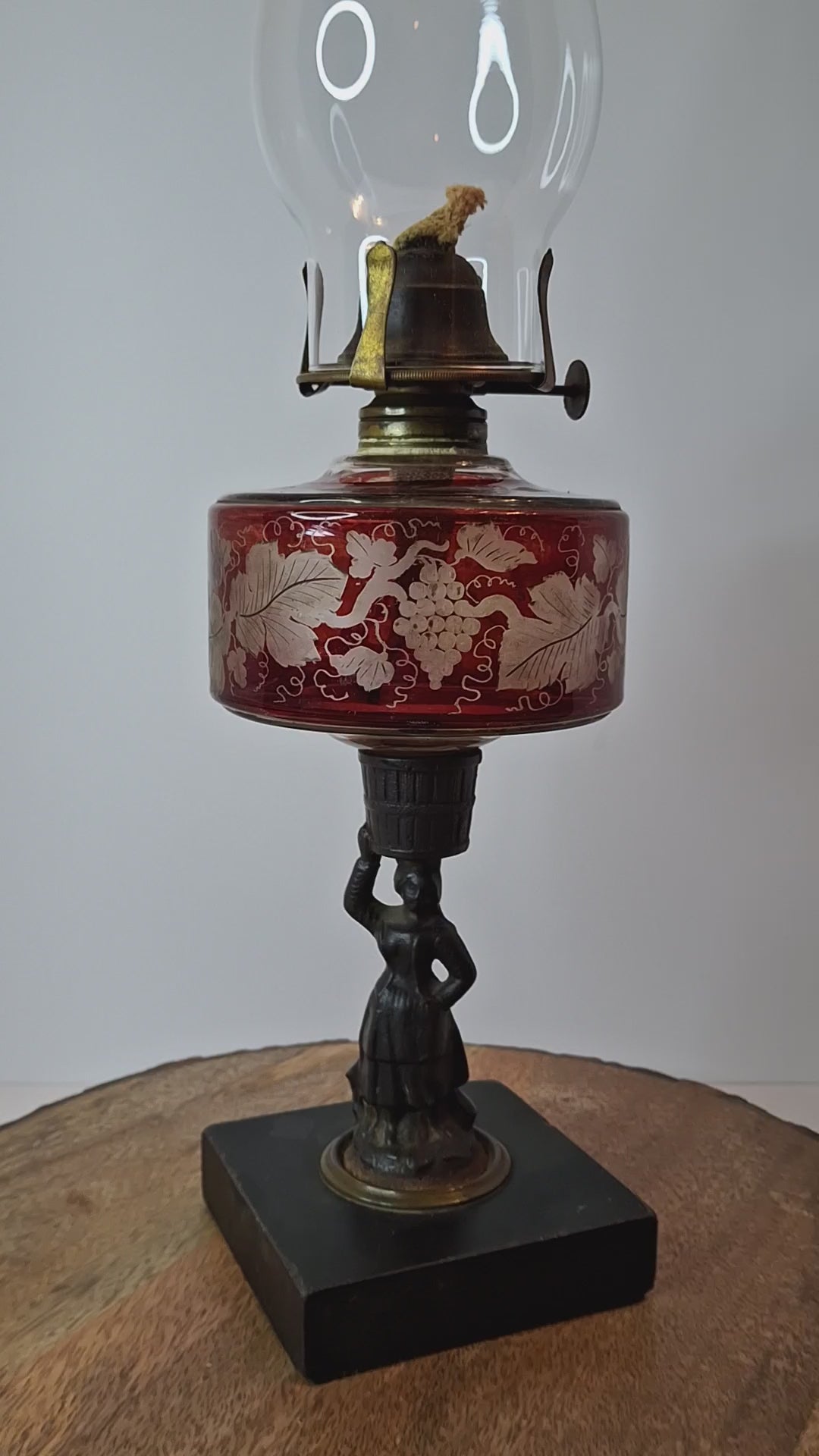 Antique Victorian Ruby Cut to Clear Glass Oil Lamp Figural Woman Stem Marble Base