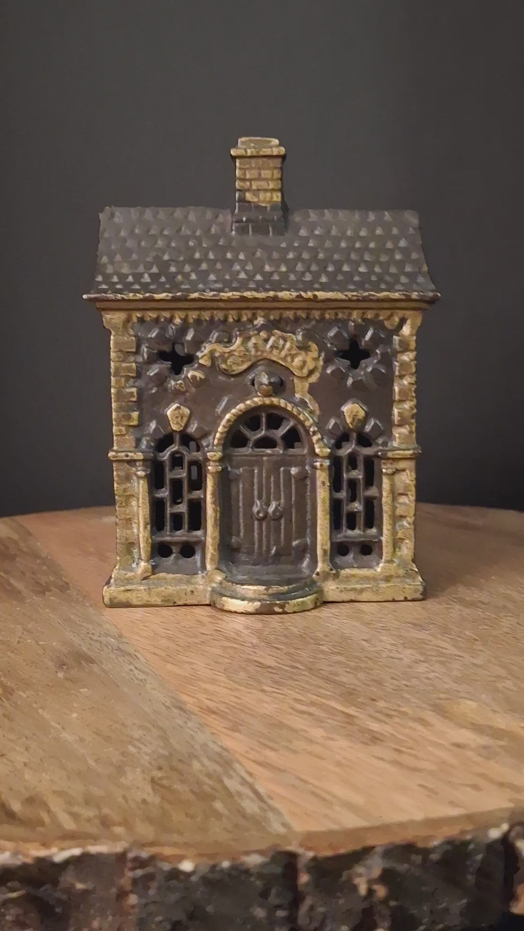 Antique Cast Iron Roof Bank J&E Stevens Architectural Building Still Coin Savings Bank Gold Paint c. 1890