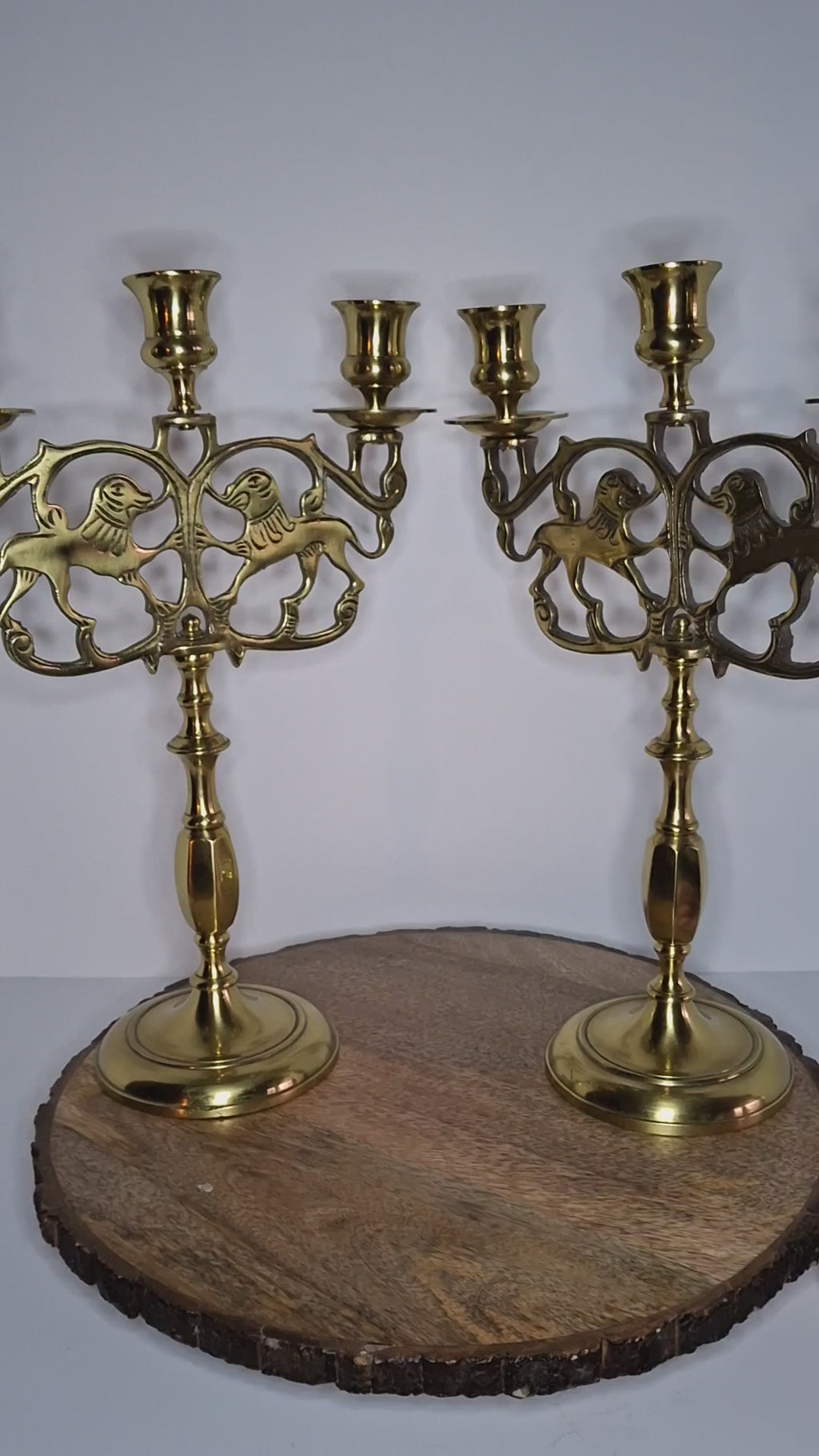 Pair of Late 19th Century Eastern European Brass 3-Arm Shabbat Candelabras Lion of Judah