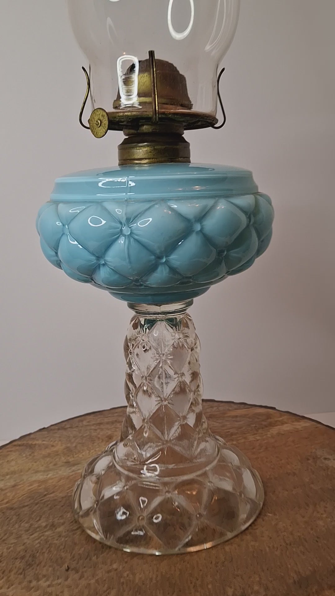 RARE PAIR Antique Consolidated Pink & Blue Cased Glass Florette Stand Lamps P&A