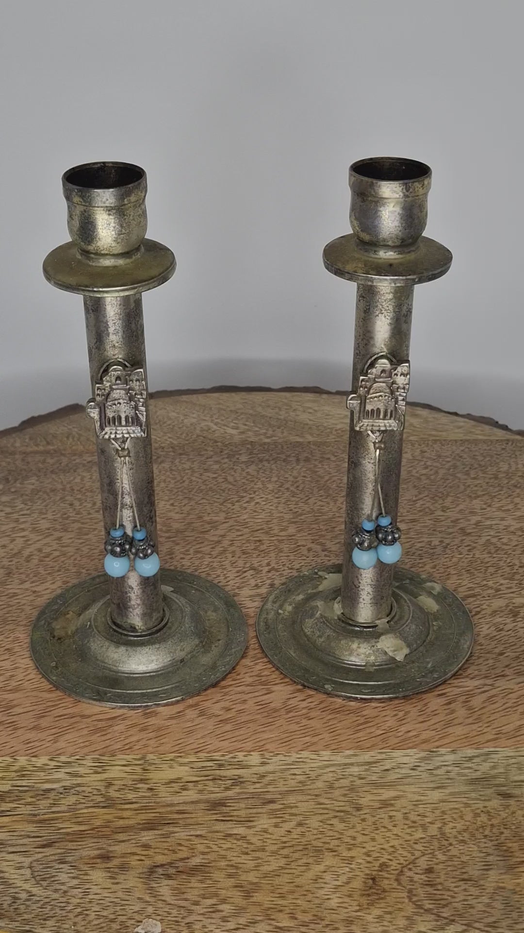 Vintage Avgad Silver-Plated Shabbat Candlesticks Pair with Old City Jerusalem Engraving - Judaica Israel