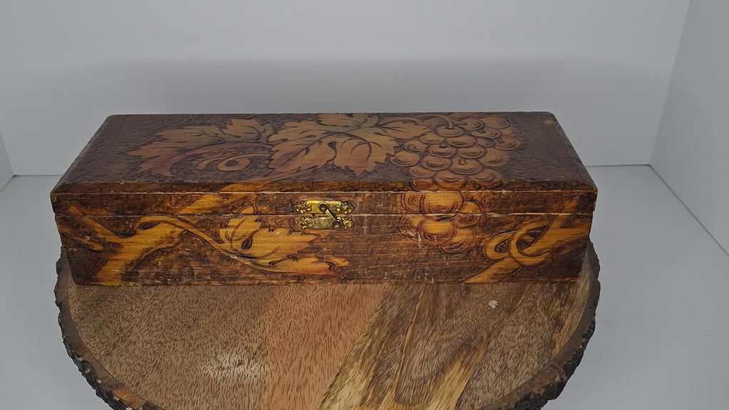 Vintage 1920s-1940s Pyrography Wooden Trinket Box - Hand-Burned Grape Vine Design, Brass Hinge, Partial New York Maker Label