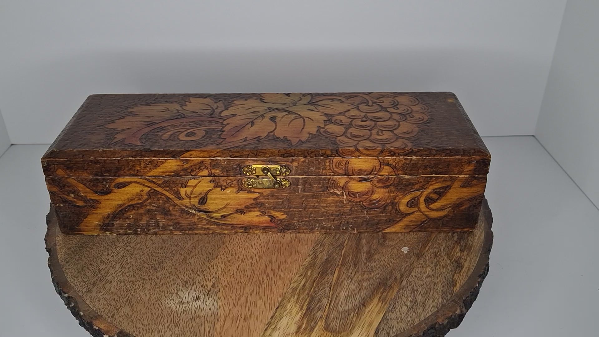 Vintage 1920s-1940s Pyrography Wooden Trinket Box - Hand-Burned Grape Vine Design, Brass Hinge, Partial New York Maker Label