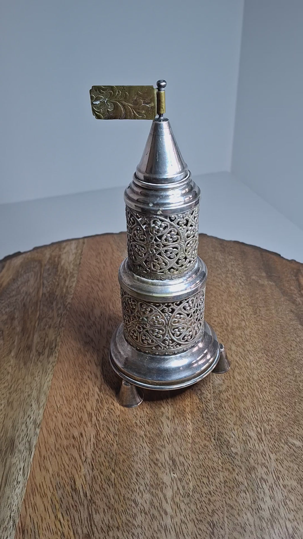 Vintage Judaica Havdalah Besamim Spice Tower - Silver Plated, Filigree, Hebrew Collectible