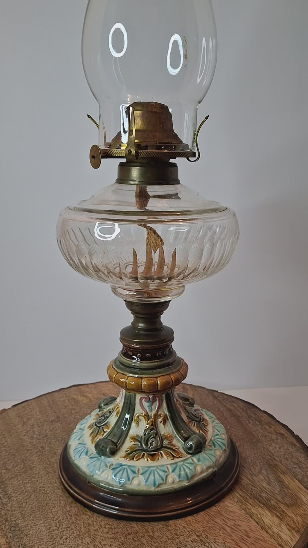 Antique Doulton Burslem Majolica Oil Lamp | American Brass Co No. 2 Burner | Floral Relief Ceramic & Ribbed Glass | Circa 1890