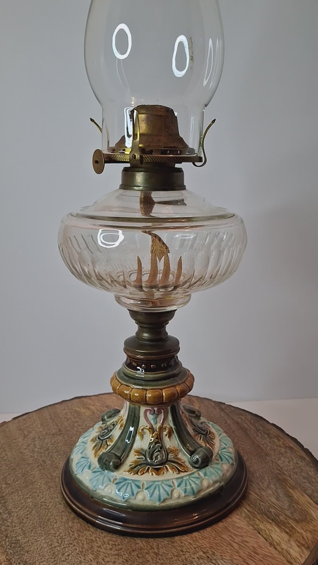 Antique Doulton Burslem Majolica Oil Lamp | American Brass Co No. 2 Burner | Floral Relief Ceramic & Ribbed Glass | Circa 1890