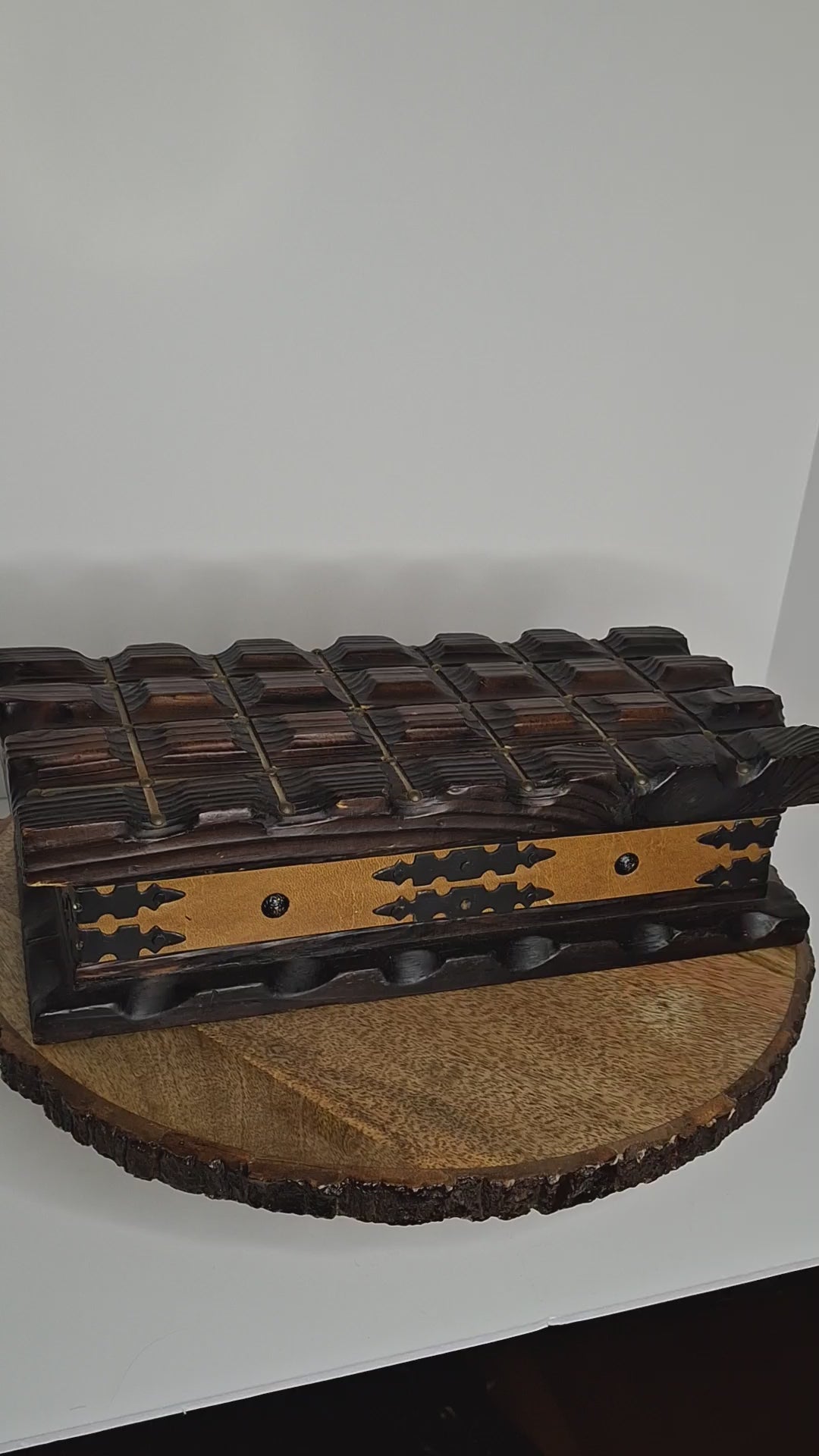 Vintage Spanish Hand-Carved Ornate Wooden Jewelry Box - Limited Edition - Brass Accents, Leather & Red Velvet