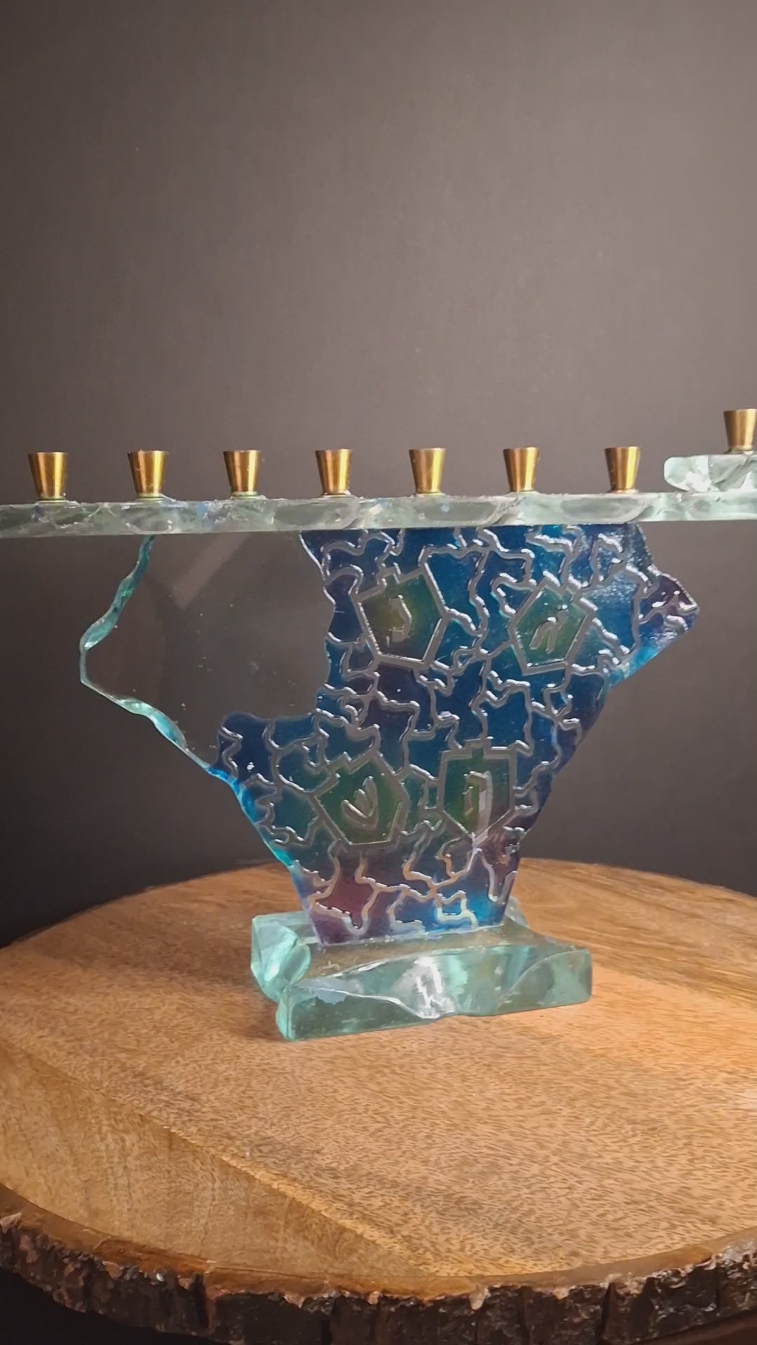 Signed Uda Yehuda Parmat Studio Art Glass Menorah Iridescent Fused Dreidel Judaica