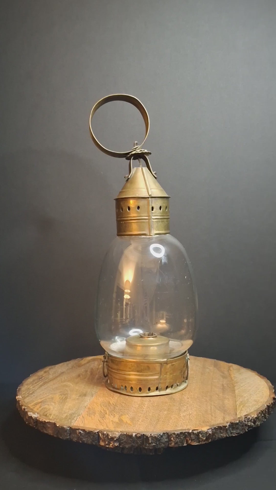 Antique 1840s Heavy Brass Whale Oil Lantern Fixed Globe Pear Shape Thick Glass