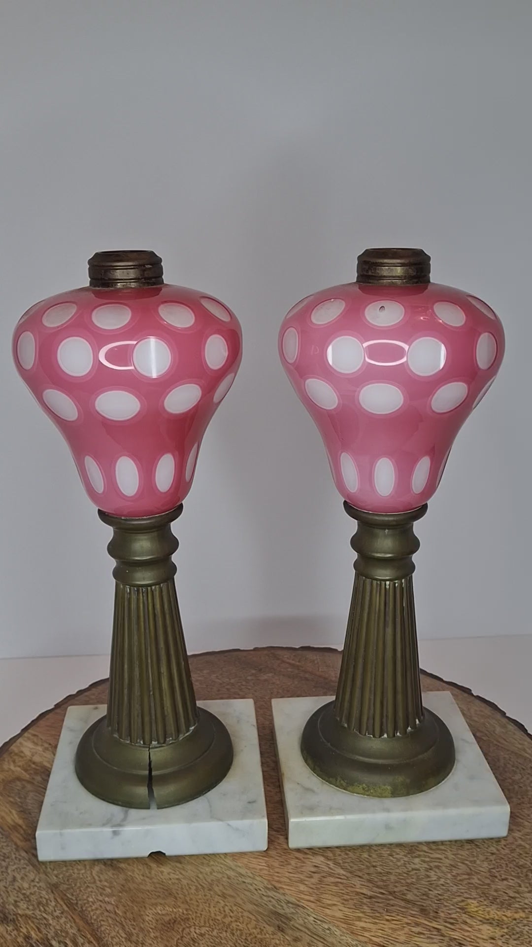 Antique Pair Rose Pink to White Overlay Glass Lamps Punty Cut Marble Brass 11"