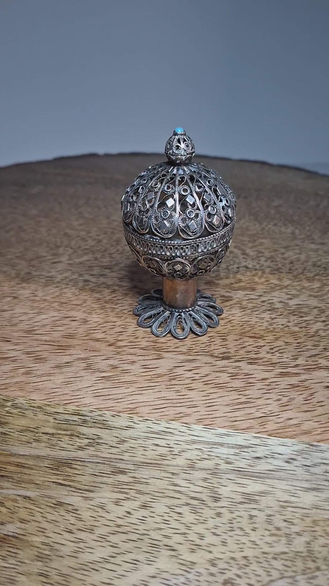 Antique Filigree Silver Besamim Spice Box with Turquoise Stone - 19th Century Judaica