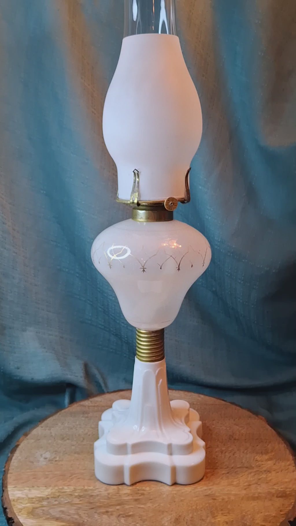 Rare Antique Milk Glass Oil Lamp Frosted Satin Font & Chimney Scovill No 2 12"