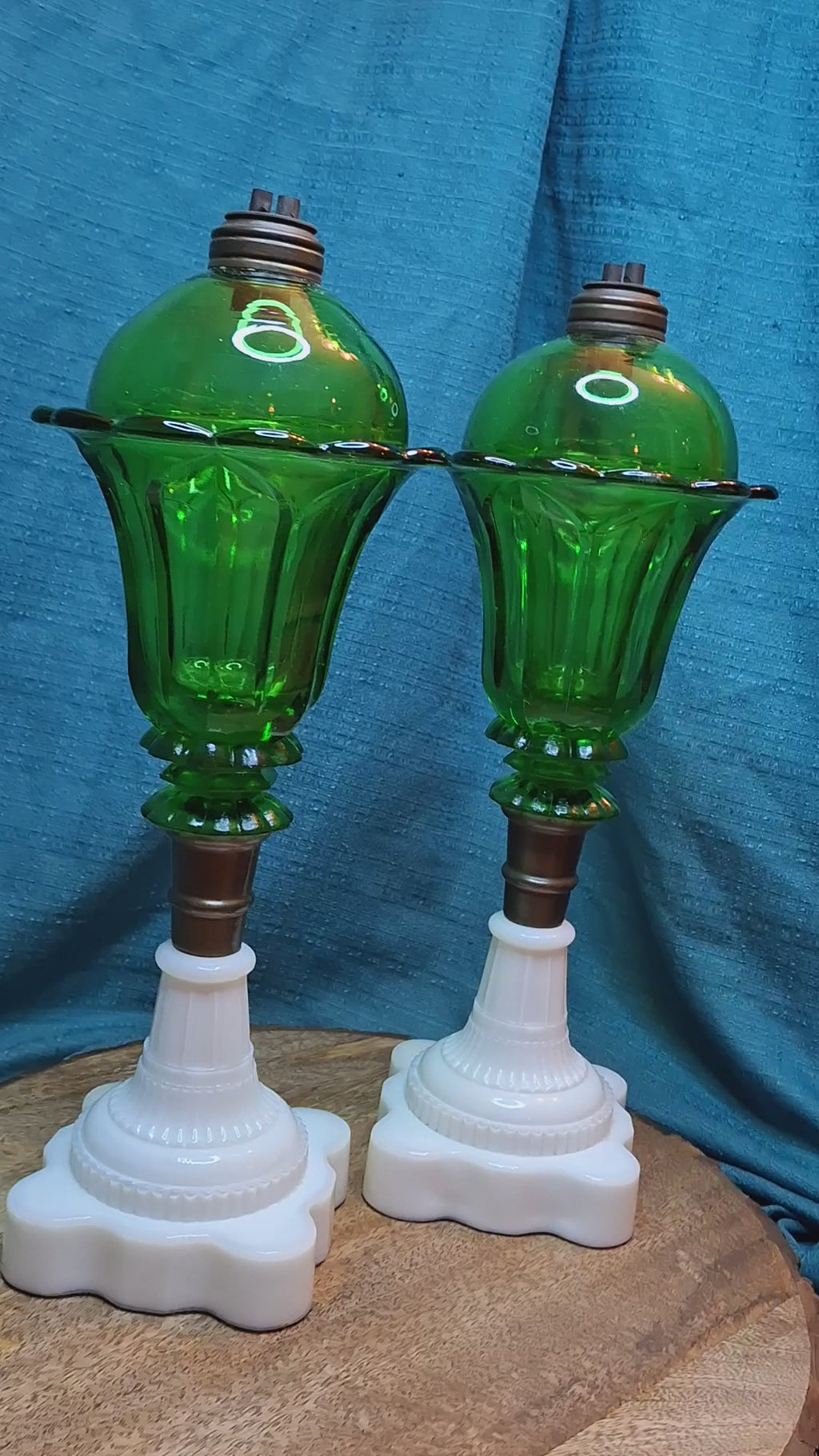 Rare Matching Pair Antique Emerald Green Pressed Glass Stand Oil Lamp Milk Glass EAPG